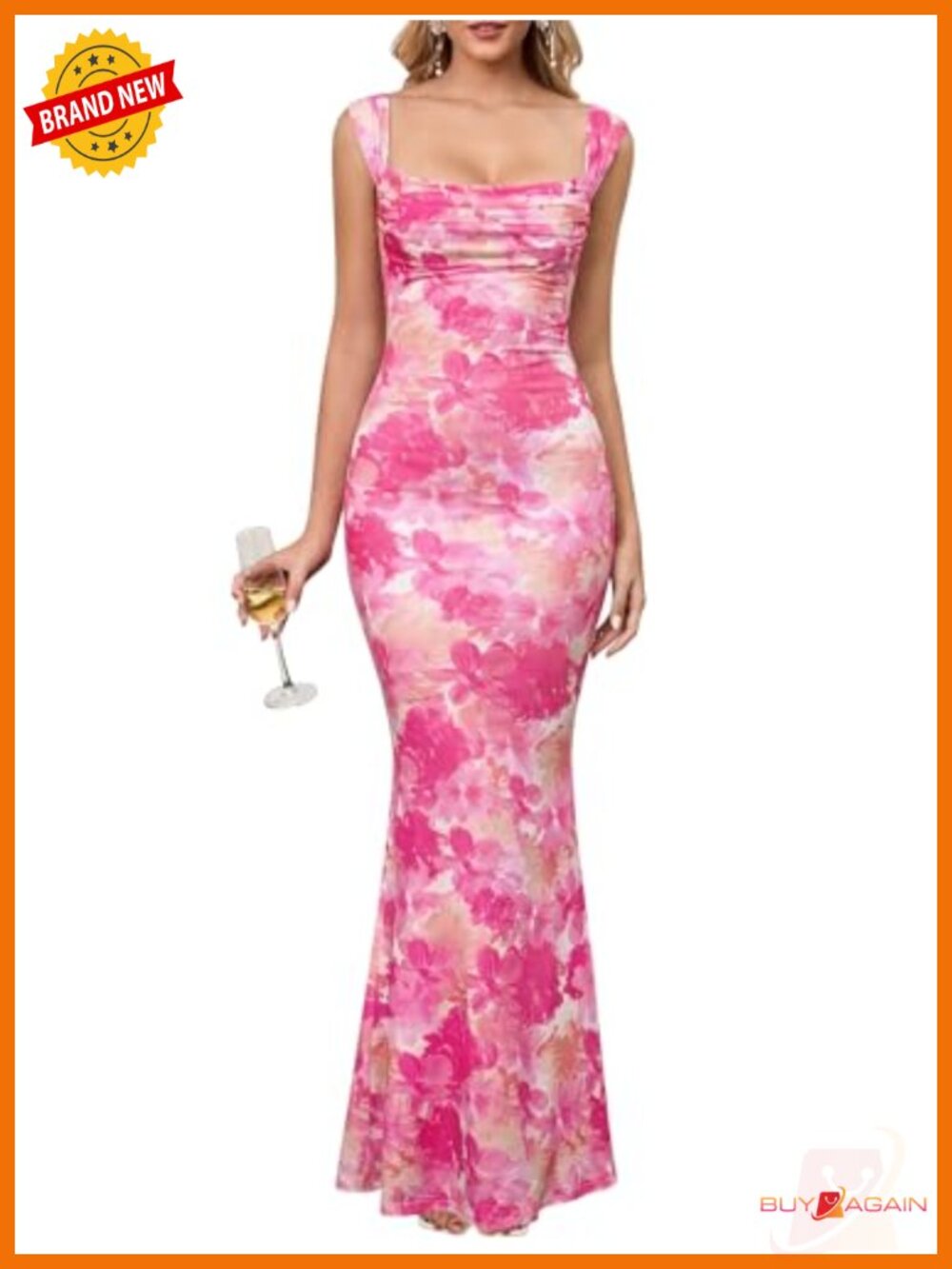 Women Floral Bodycon Maxi Dress Cowl Neck Formal Wedding Guest